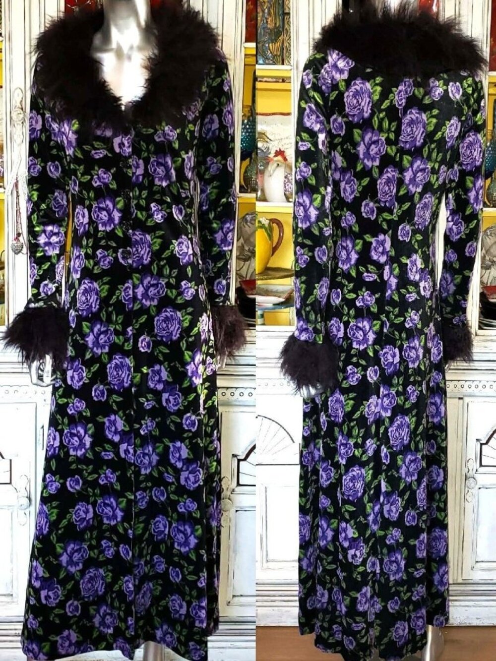 Betsey Johnson Black Velvet Floral Rose Faux Fur Duster Coat Long Dress Jacket